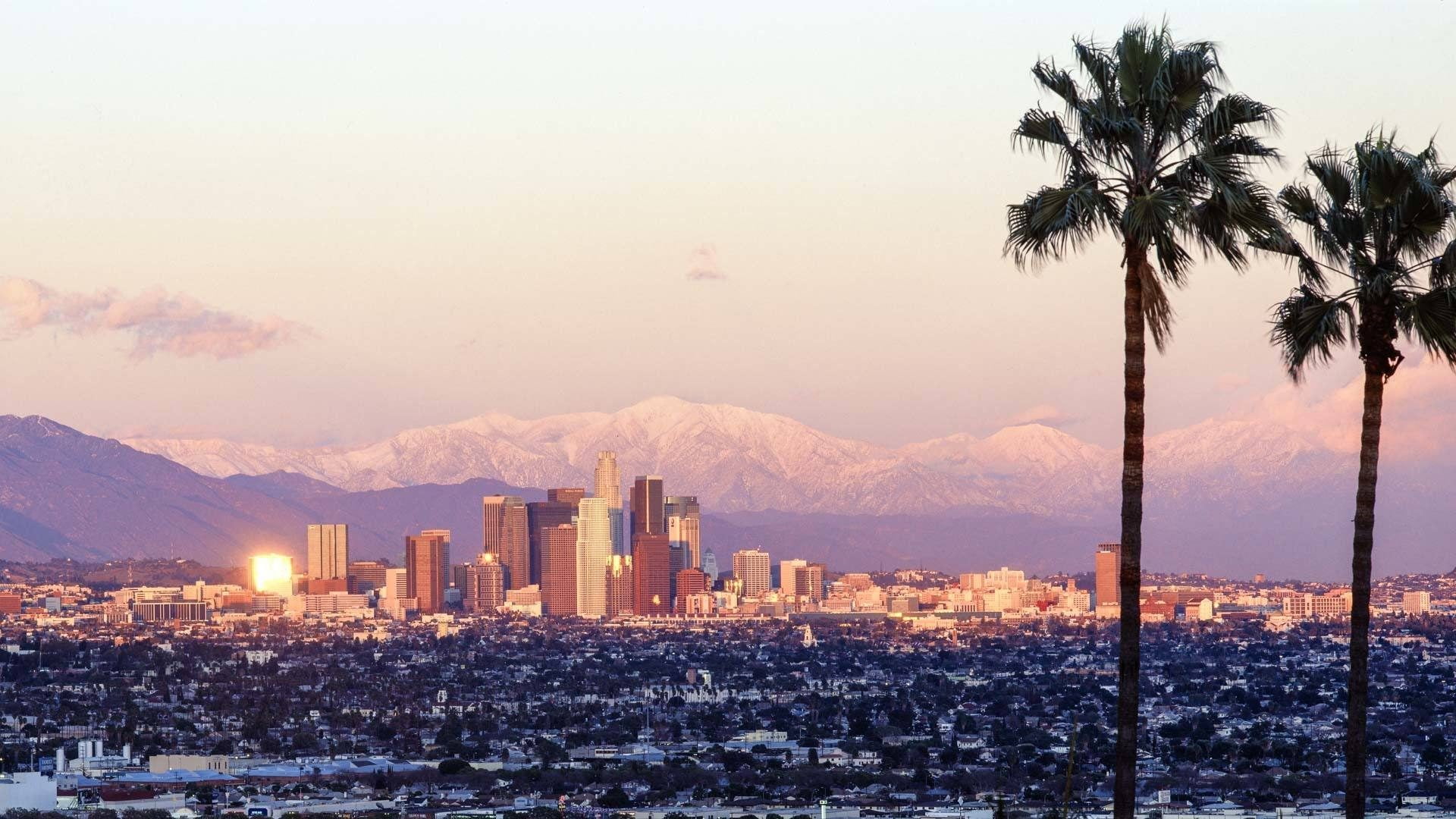 Looking across LA to Mount Baldy and Mt Baldy Road, Glendora Ridge Road and Glendora Mountain Road