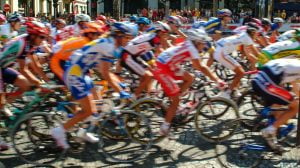 Cyclists racing in a peloton