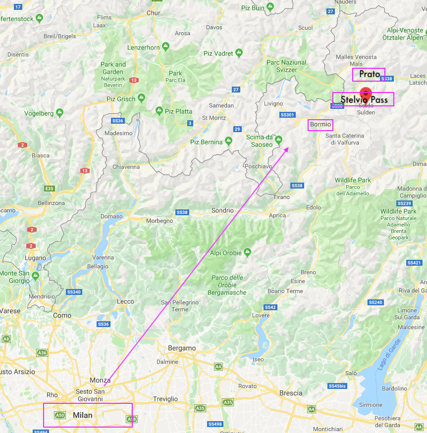 Map showing Passo dello Stelvio and Milan