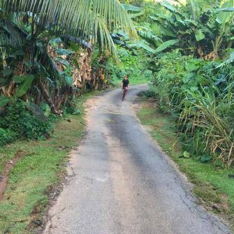 Narrow jungle road on the Seychelles with cyclist