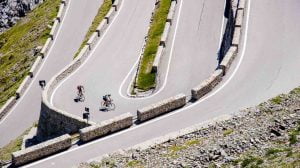 Cyclist cycling up the Stelvio climb, Bormio, Italy
