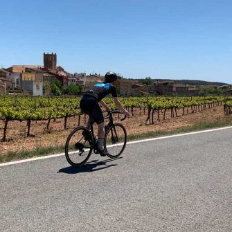 Cyclist cycling catolinia, past vines and village