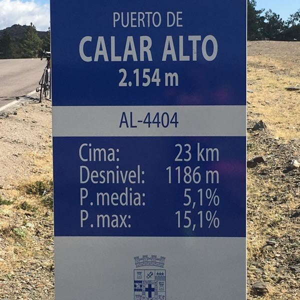 Summit sign on calar alto cycling climb, Almeria