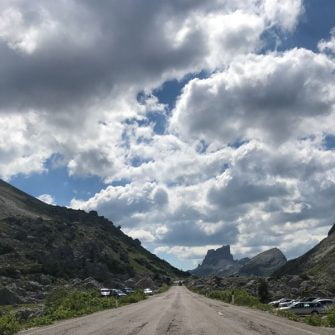 The long straight road at the top of the Passo Valparola, Dolomites, Italy