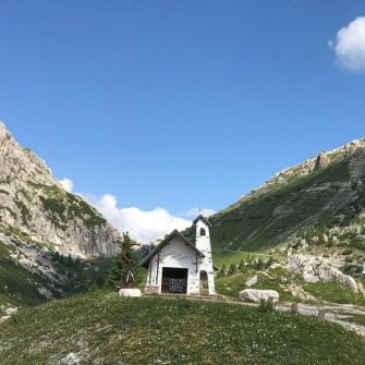 Small chapel on the way up the Passo Falzarego, Italy