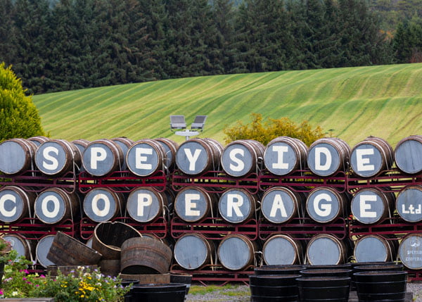 Speyside barrels of whiskey, Scotland
