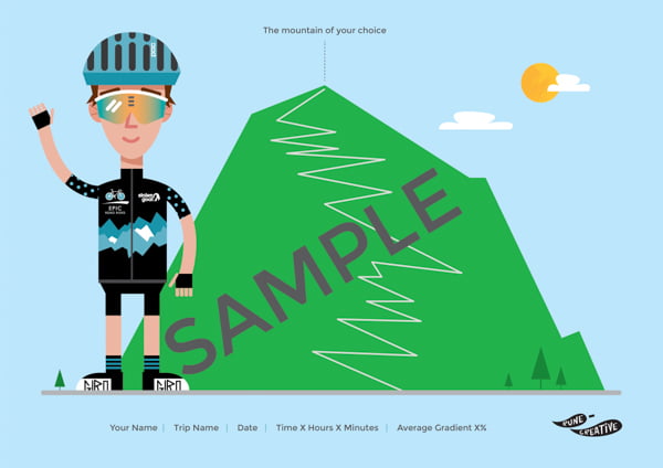 Personalised cycling print/illustration with cyclist and mountain