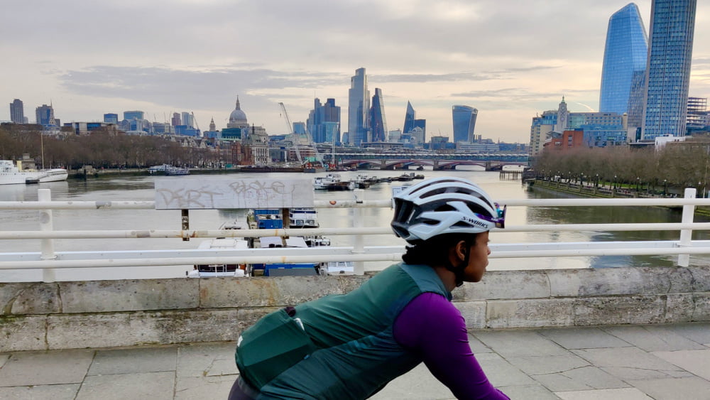 Female cyclist on Waterloo Bridge, London