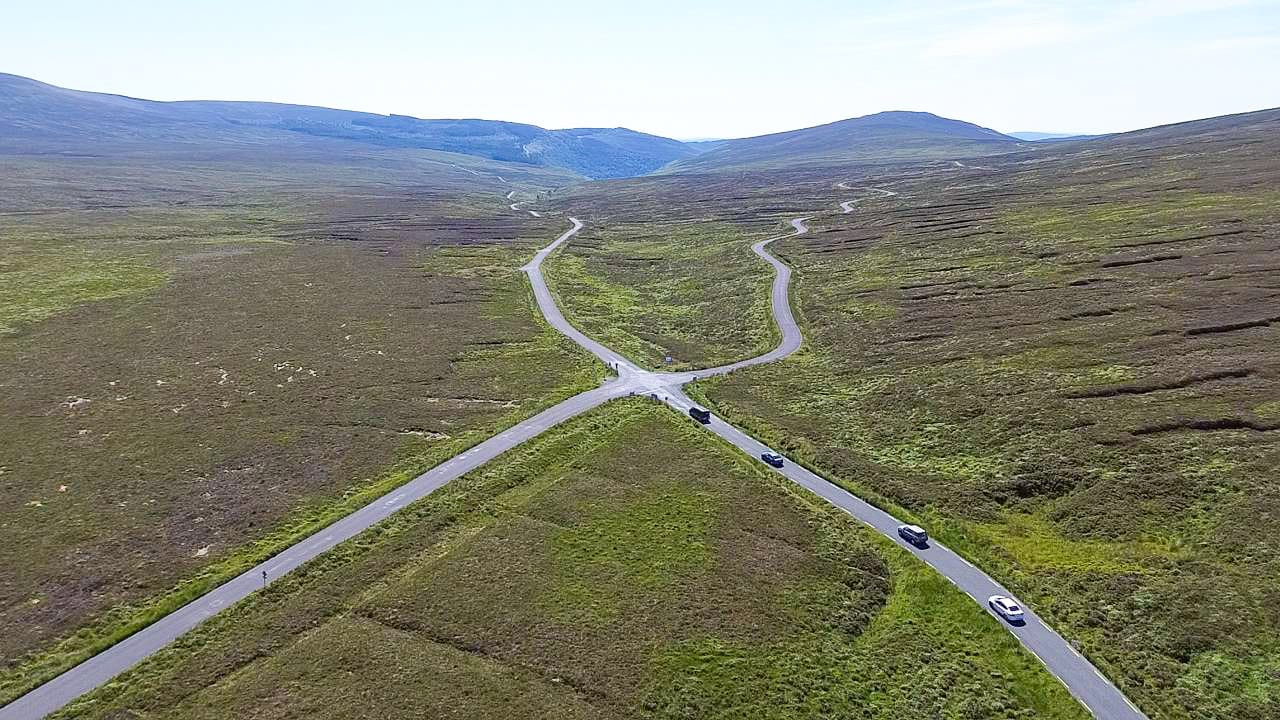 Roads crossing at the Sally Gap in Wicklow Mountains