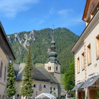 Kranjska Gora in the Slovenian Alps looking to the church
