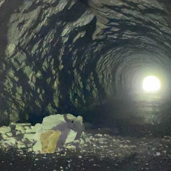 Rockfall in a tunnel on the Mangart's climb in Slovenia