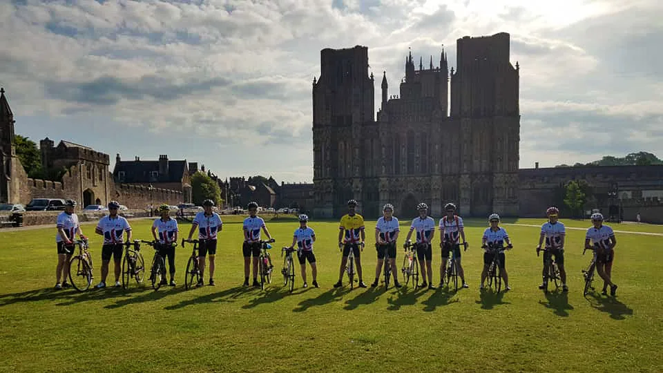 LEJOG cyclist's infront of Wells cathedral