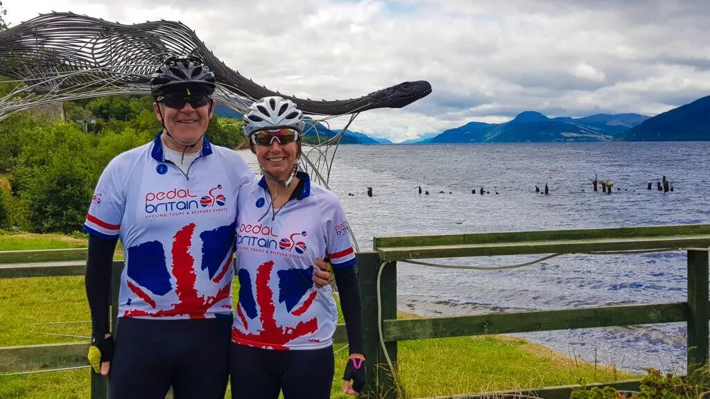 Two pedal britain cyclists on the LEJOG cycling challenge at Dores, Loch Ness