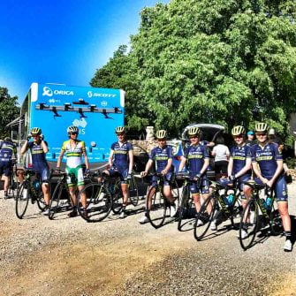 A cyclist team is standing with their bikes in cycling camps Girona