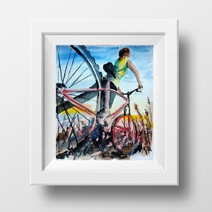 cycling prints of Watercolor Cyclist Girl Poster in a White Frame