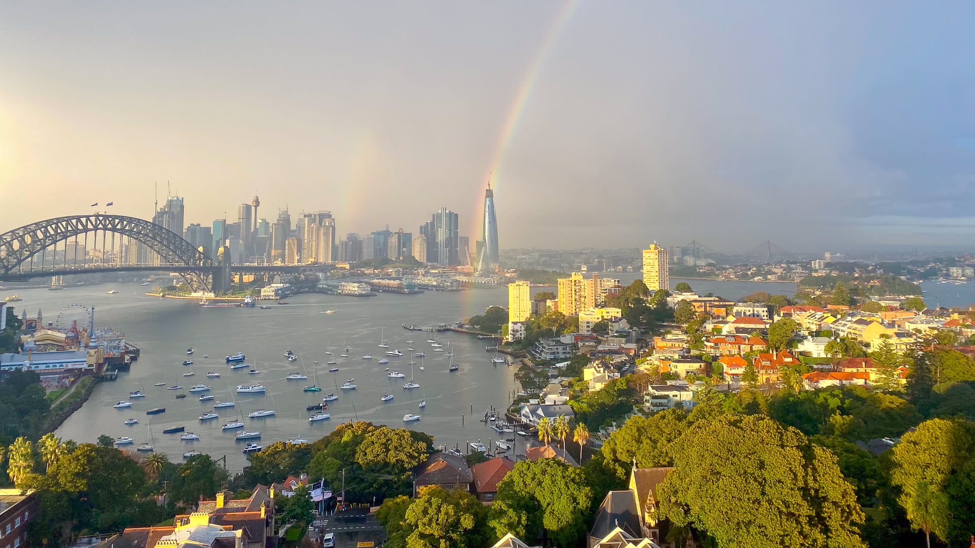 View over Sydney harbour with rainbow