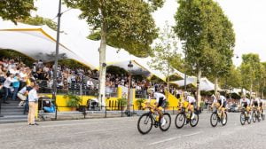 Pro cyclists on the Champs Elysees, Tour de France cycling tour