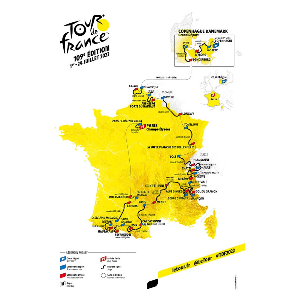 A yellow map of Tour de France cycling tours