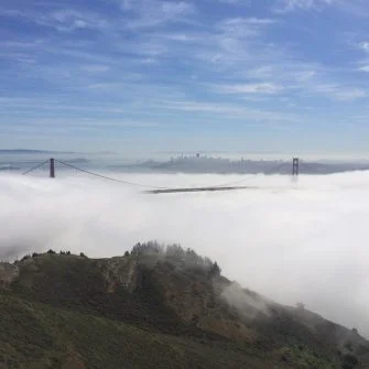 View of the Golden Gate Bridge in the clouds