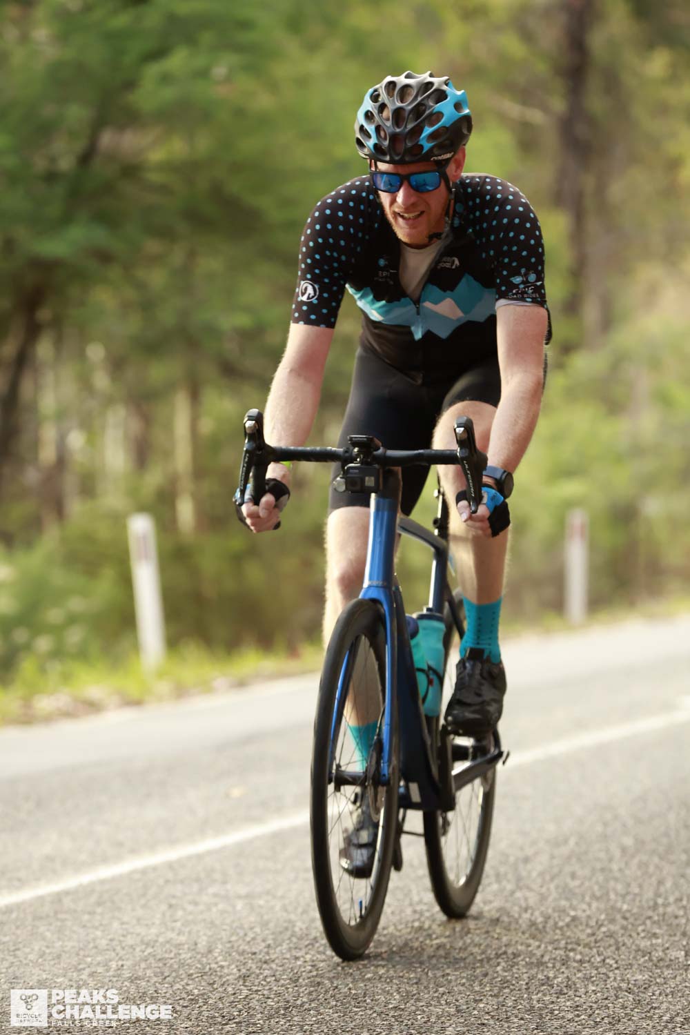 A cyclist cycling a blue cycle on peaks challenge Australia
