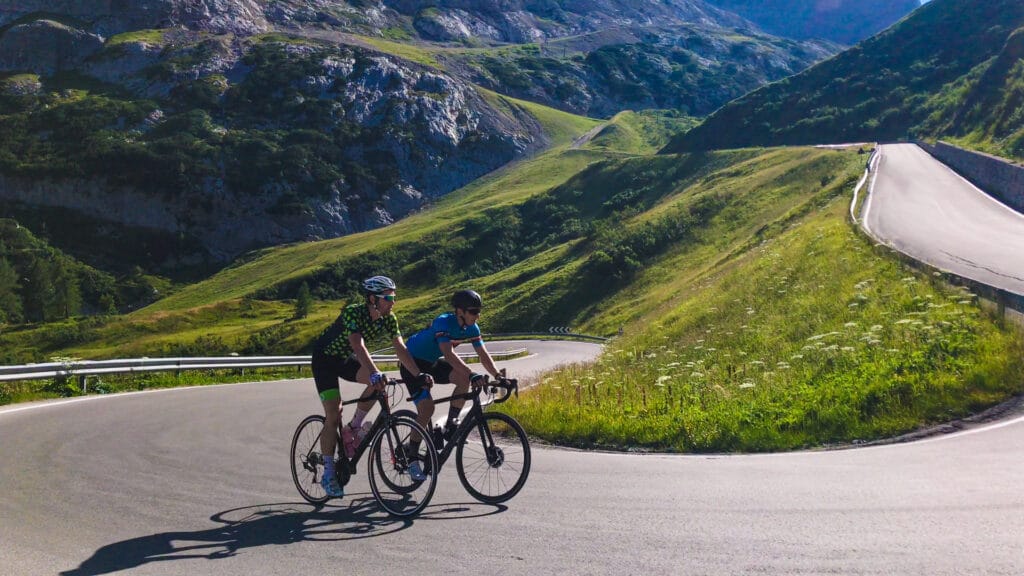 Cycling inthe dolomites - climbing up Passo Fedaia