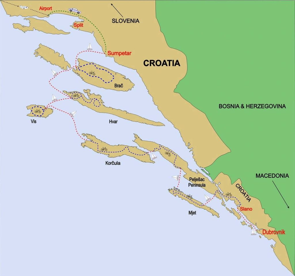 Map of Croatia island hopping bike tour route with Wild Atlantic Cycle Tours