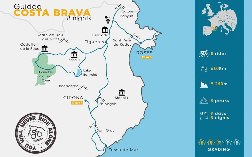 Map showing guided cycling tour in Girona Spain