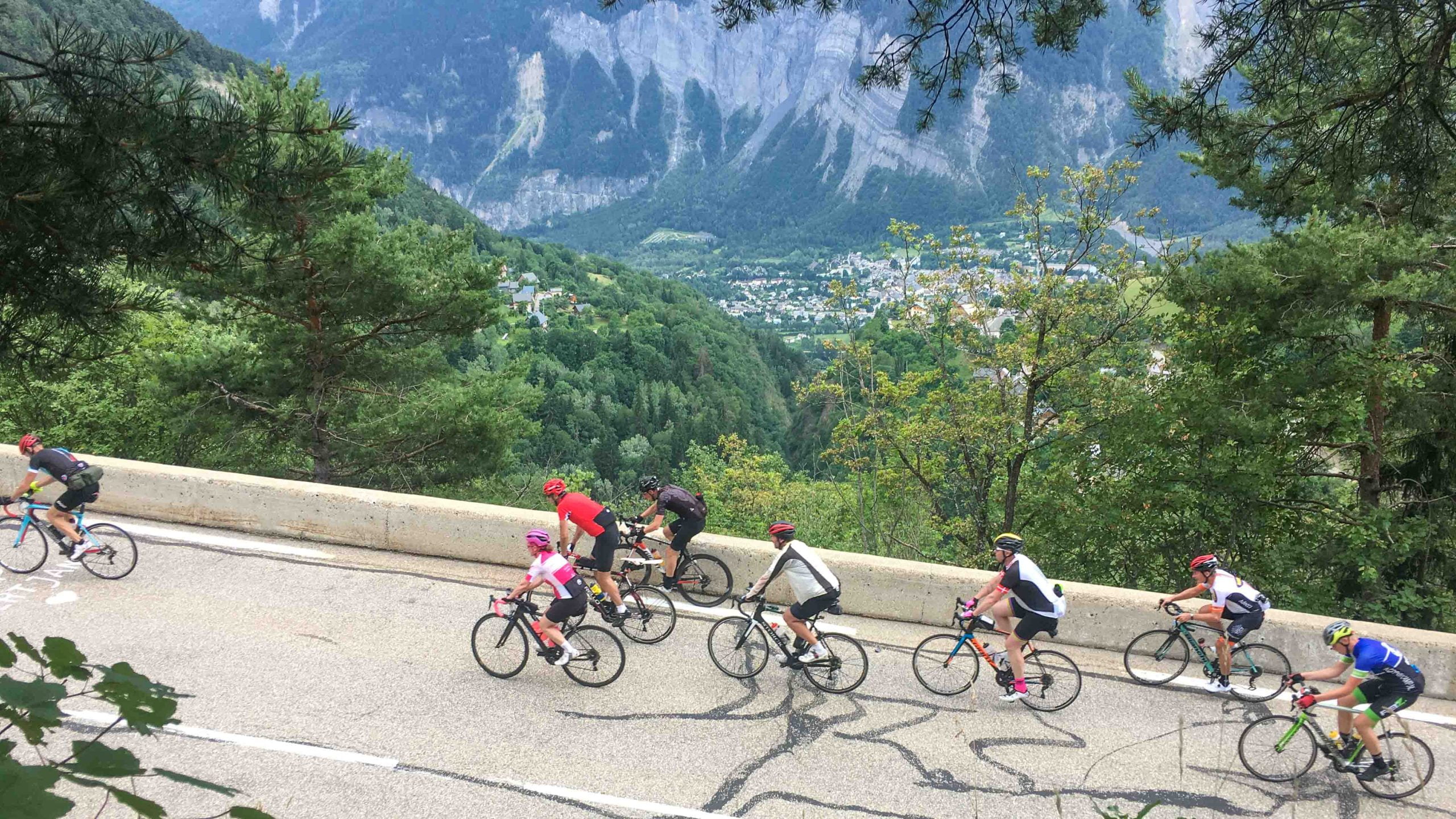 Group of cyclists cycling Alpe d'Huez France
