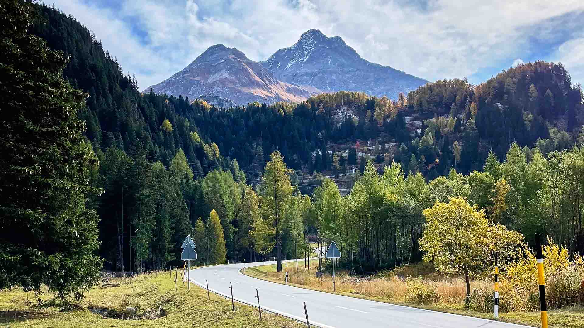 Maloja Pass, Switzerland, in distance, road in foreground