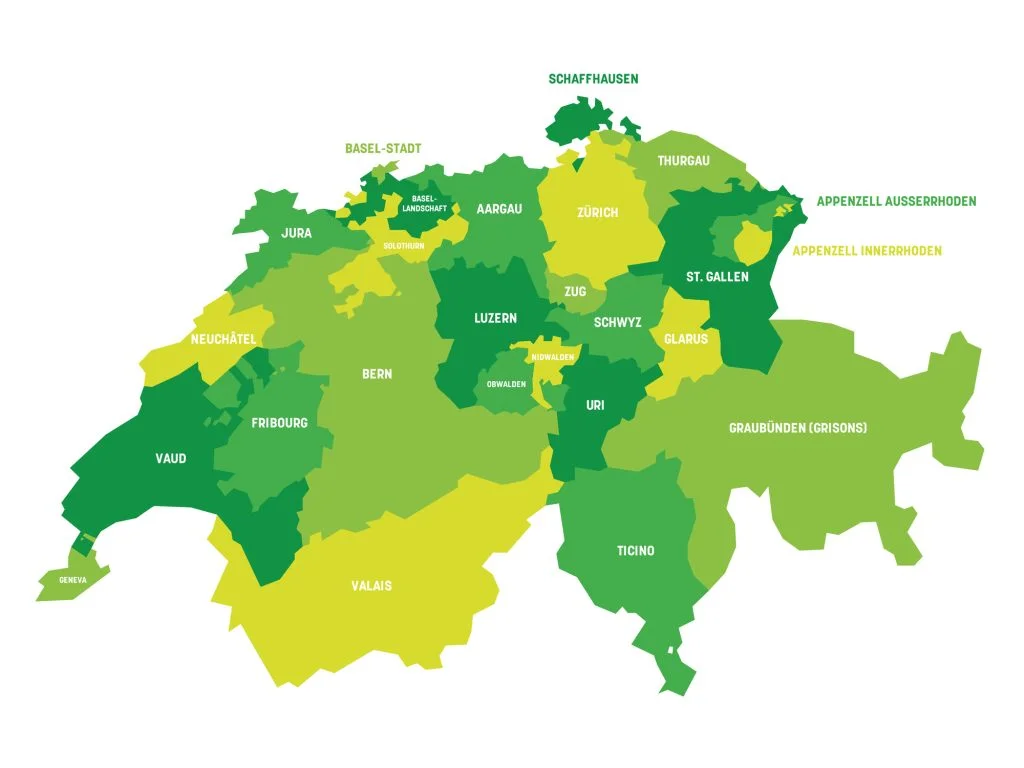 Green map of Switzerland's cantons