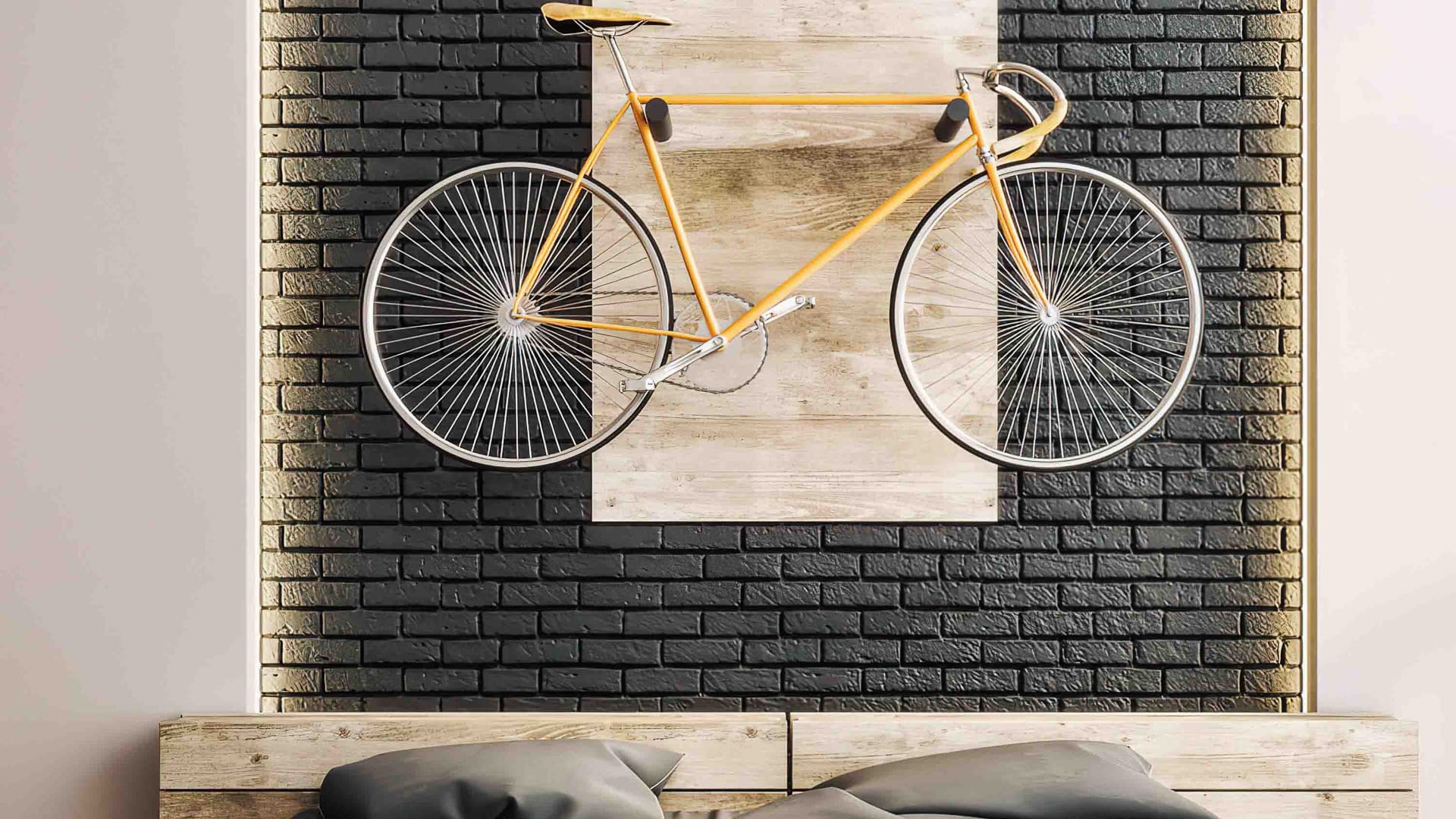 Bike hotel in Brussels with bike on bedroom wall
