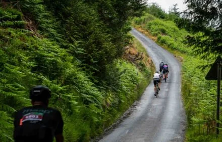 Cyclists on Dragon Ride Wales on a very steep slope