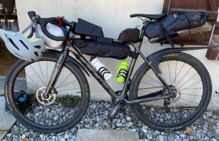 Gravel bike fully packed with bikepacking bags
