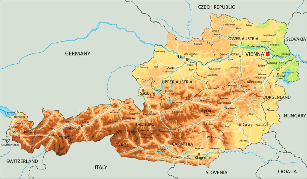 Map of Austria showing Salzburg