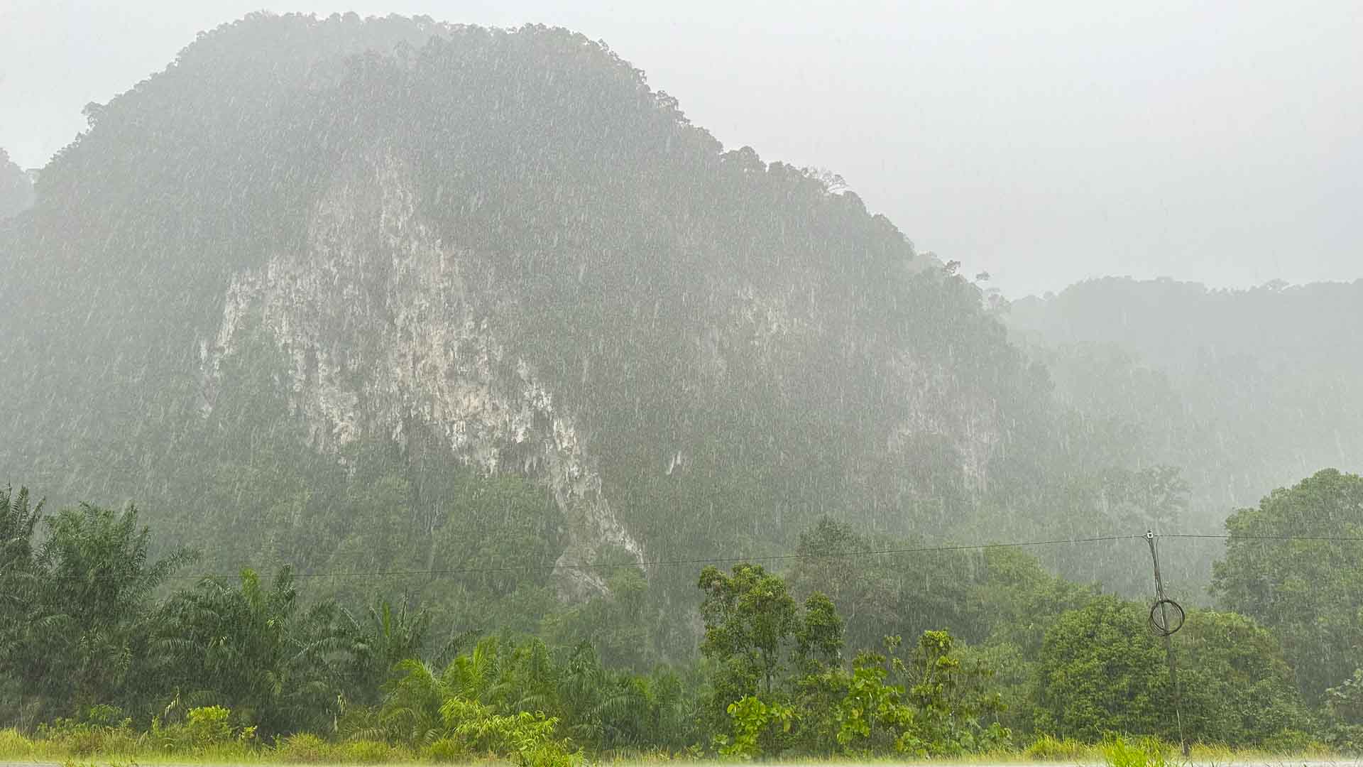 Torrential rain in limestone karst scenery of Borneo