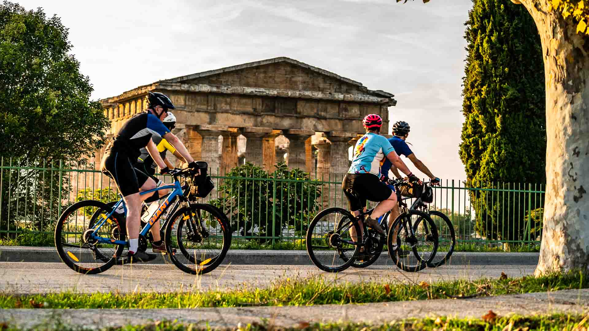 Cyclists at Paestum at dusk