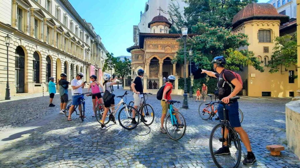 Group of cyclists on a Bucharest cycling tour in Romania