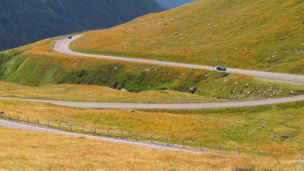 Switchbacks on a famous cycling climb in Romania called the Transalpina