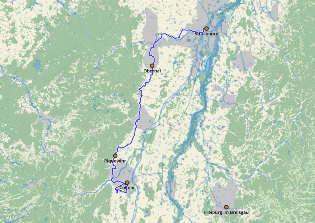 Map of cycling route in Alsace, France