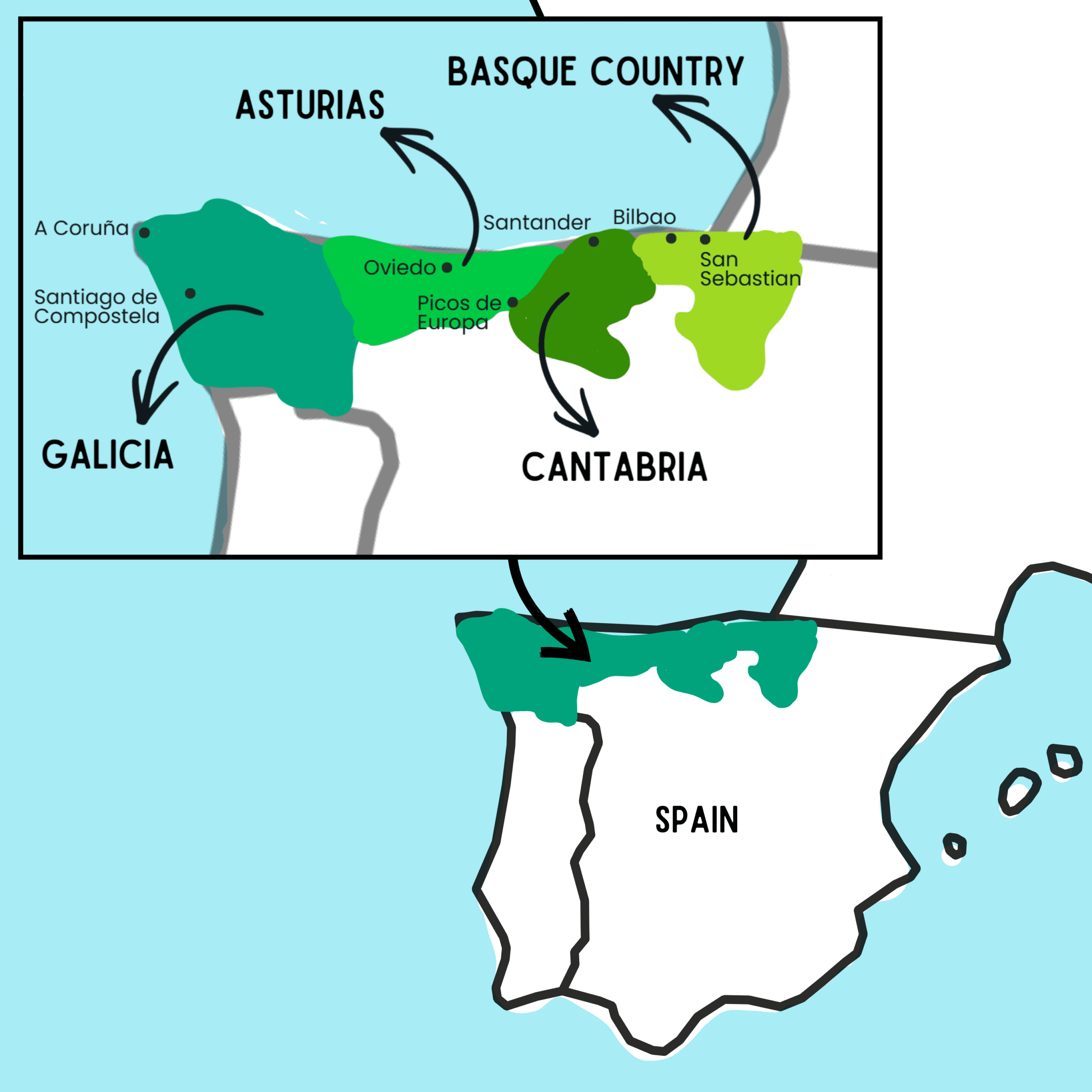 Map of northern Spain’s cycling regions: Galicia, Asturias, Cantabria and the Basque Country