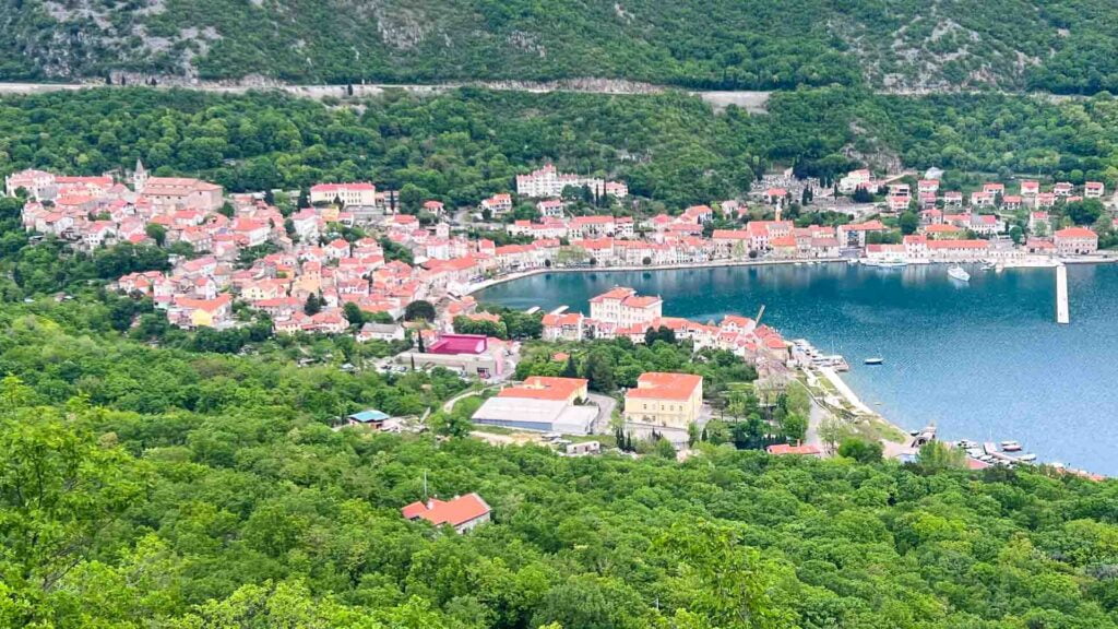 View from a bike down to a harbour in Croatia