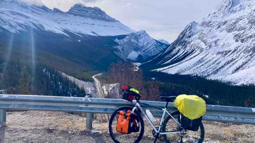 Bikepacking bike touring bike with mountain backdrop