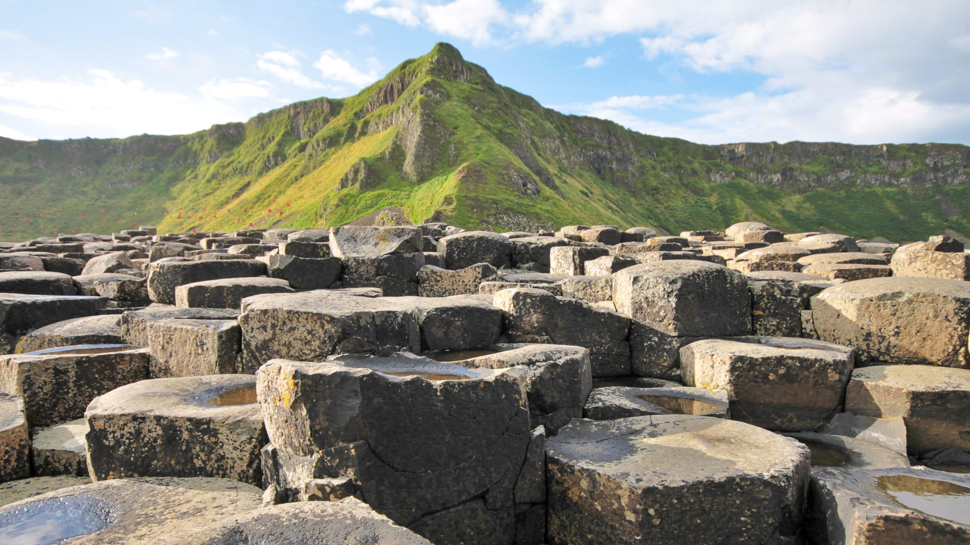 Giant's Causeway stones and mountain in Northern Ireland