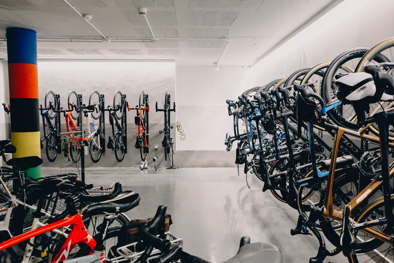 Dedicated bike storage area at Hotel Ultonia in Girona with organized racks for bicycles