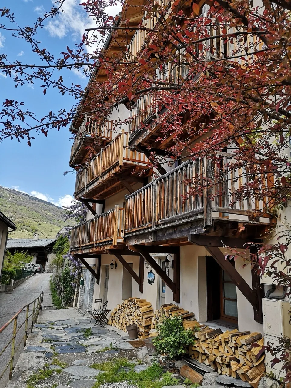 Exterior of Maison Caramel in Landry with stacked firewood, wooden balconies, and mountain view in the background