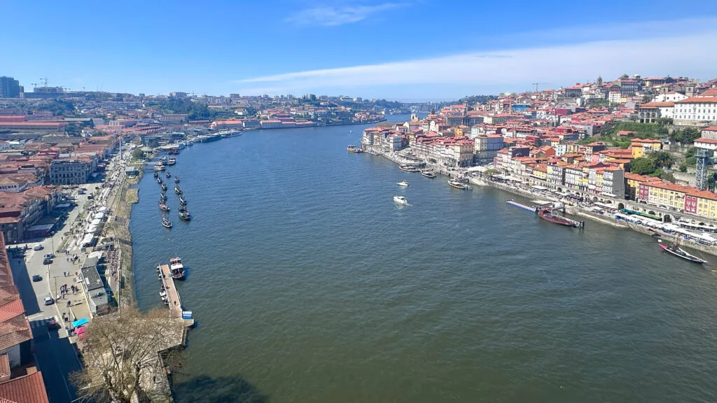 Aerial view of the Douro River winding through the landscape in Portugal