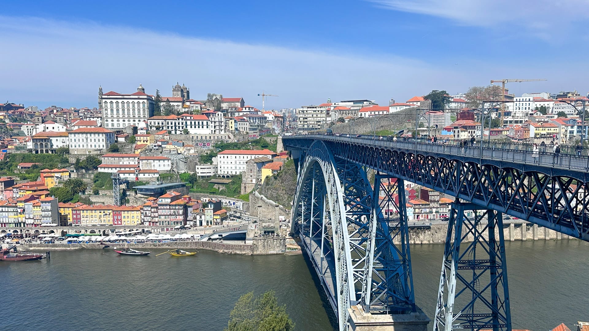 View of the Douro River and bridge crossing the water in Porto