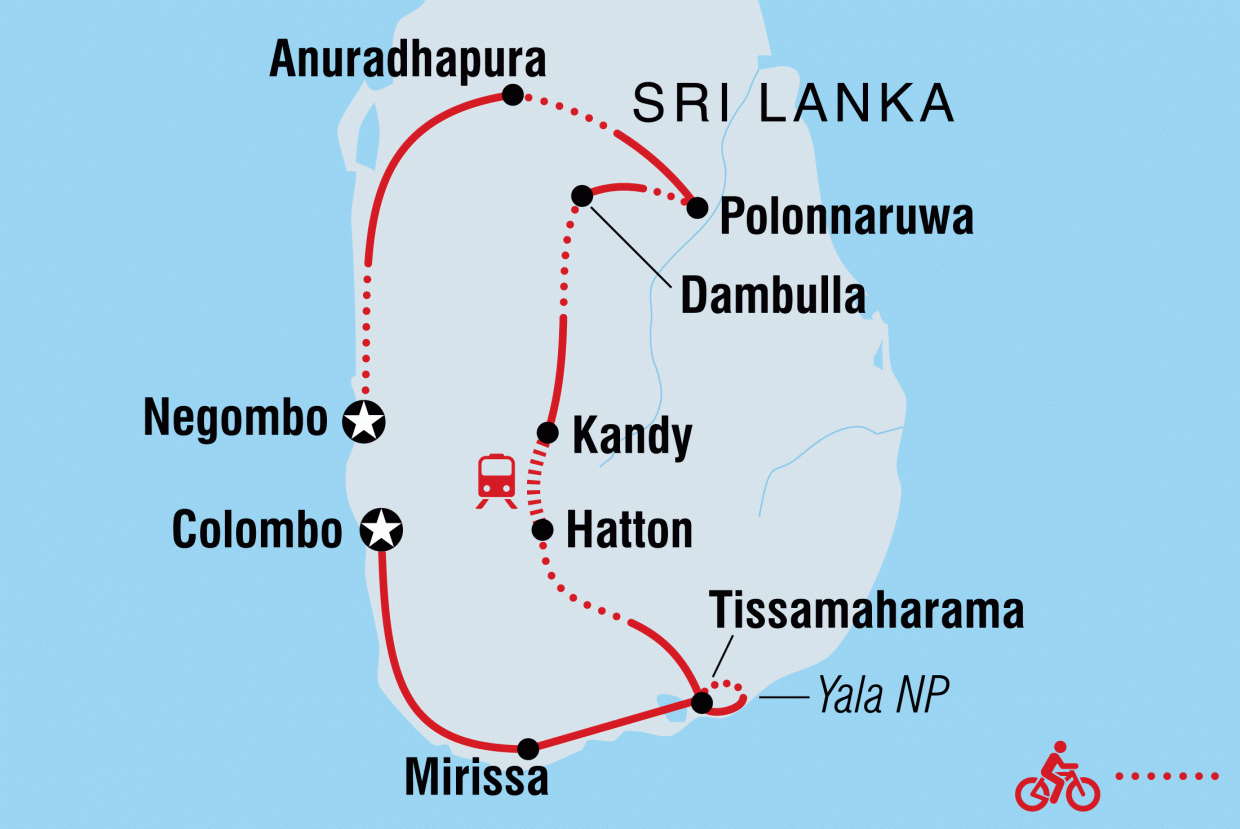 Map showing Cycle Sri Lanka route via Colombo, Kandy, Polonnaruwa, Yala NP and coastal towns