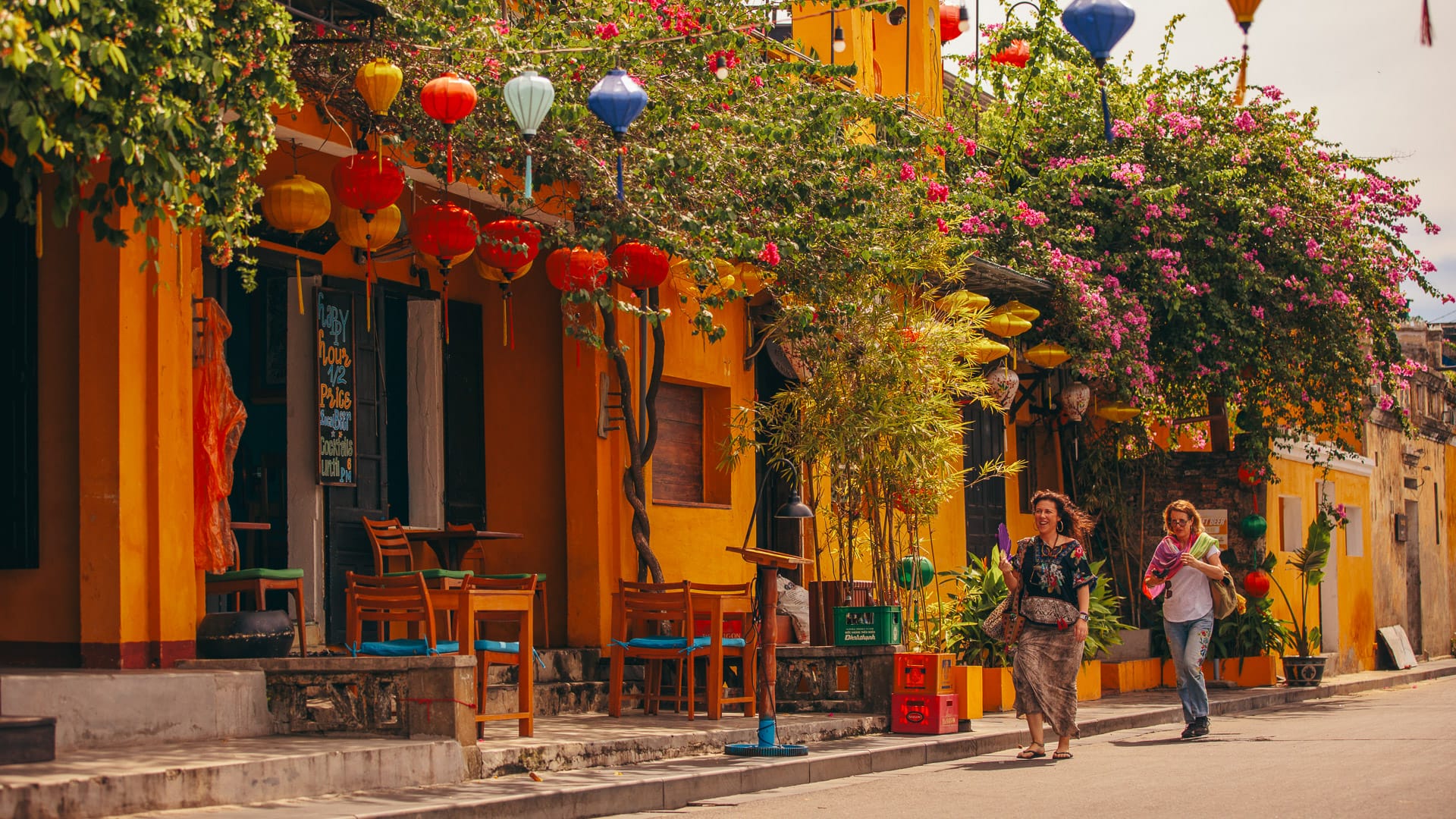 Colourful lanterns hanging above a street in Hoi An Vietnam