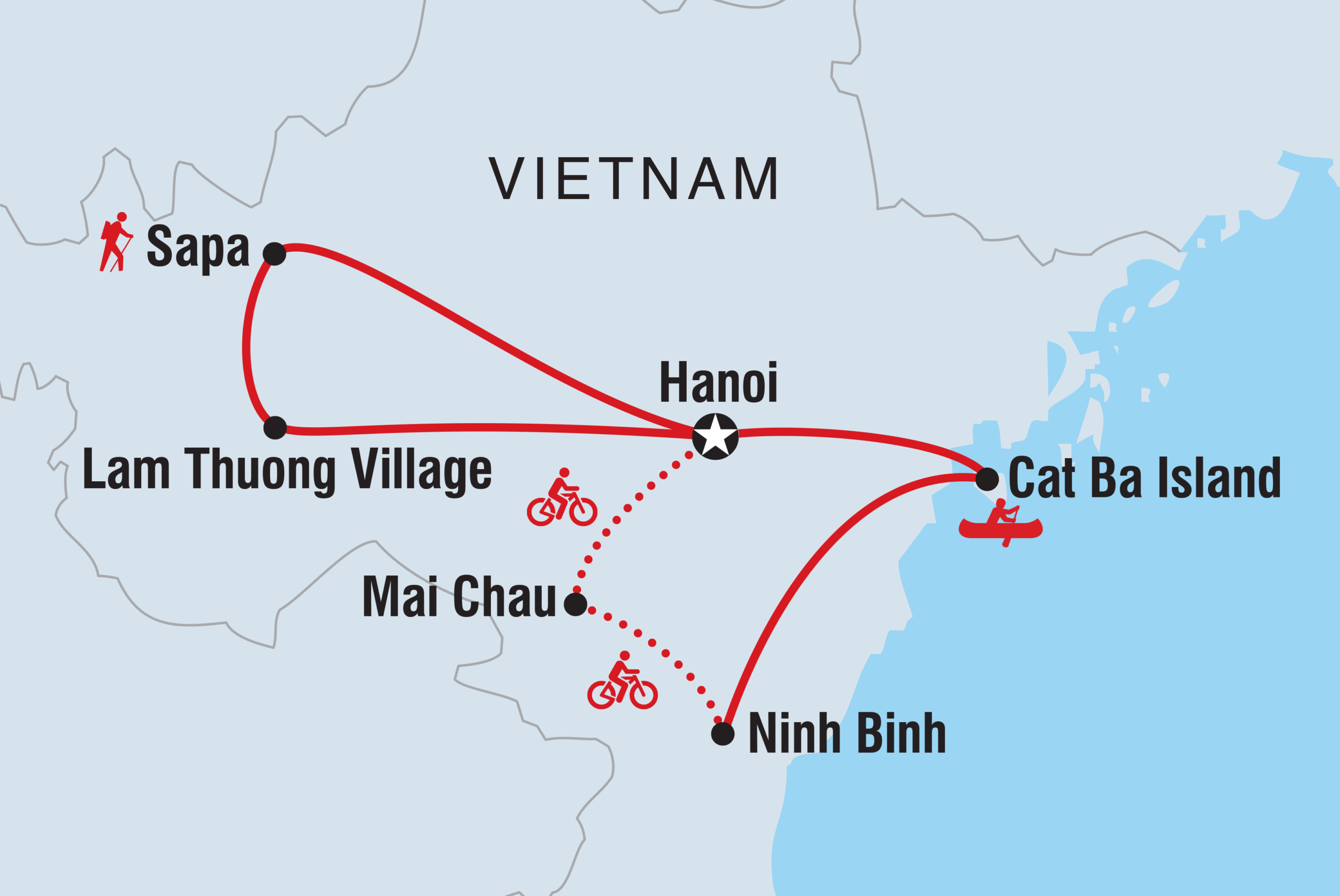 vietnam intrepid map - hike bike and kayak